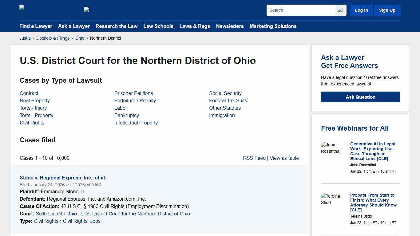 Cases, Dockets and Filings in the U.S. District Court for the Northern District of Ohio Justia Dockets & Filings