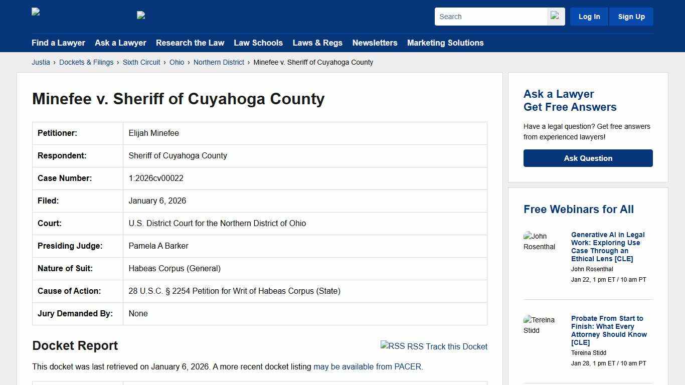 Minefee v. Sheriff of Cuyahoga County 1:2026cv00022 U.S. District Court for the Northern District of Ohio Justia